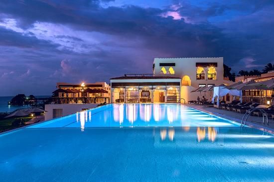 Beach resort lit up at night